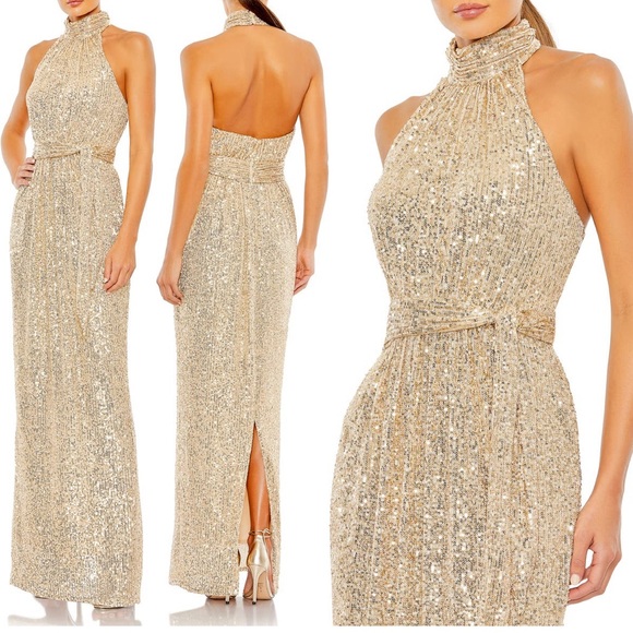 Ieena for Mac Duggal Sequin Halter Neck Sheath Gown gold size 12 - Picture 12 of 12
